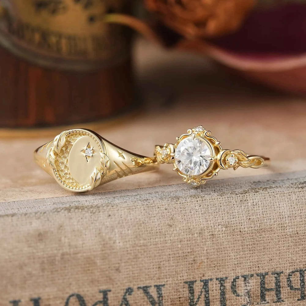 Moissanite Moon Inspired Hammered Signet Nature Couple Rings - Eloise & Callum | GemsMagic