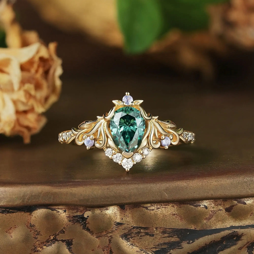 Pear Green Moissanite Art Nouveau Engagement Ring With Moonstone - Calyra | GemsMagic