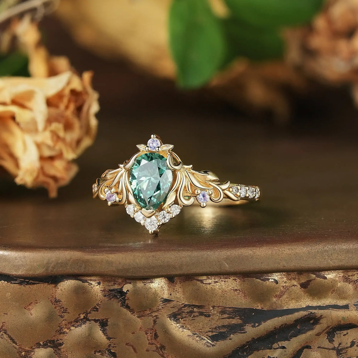 Pear Green Moissanite Art Nouveau Engagement Ring With Moonstone - Calyra | GemsMagic