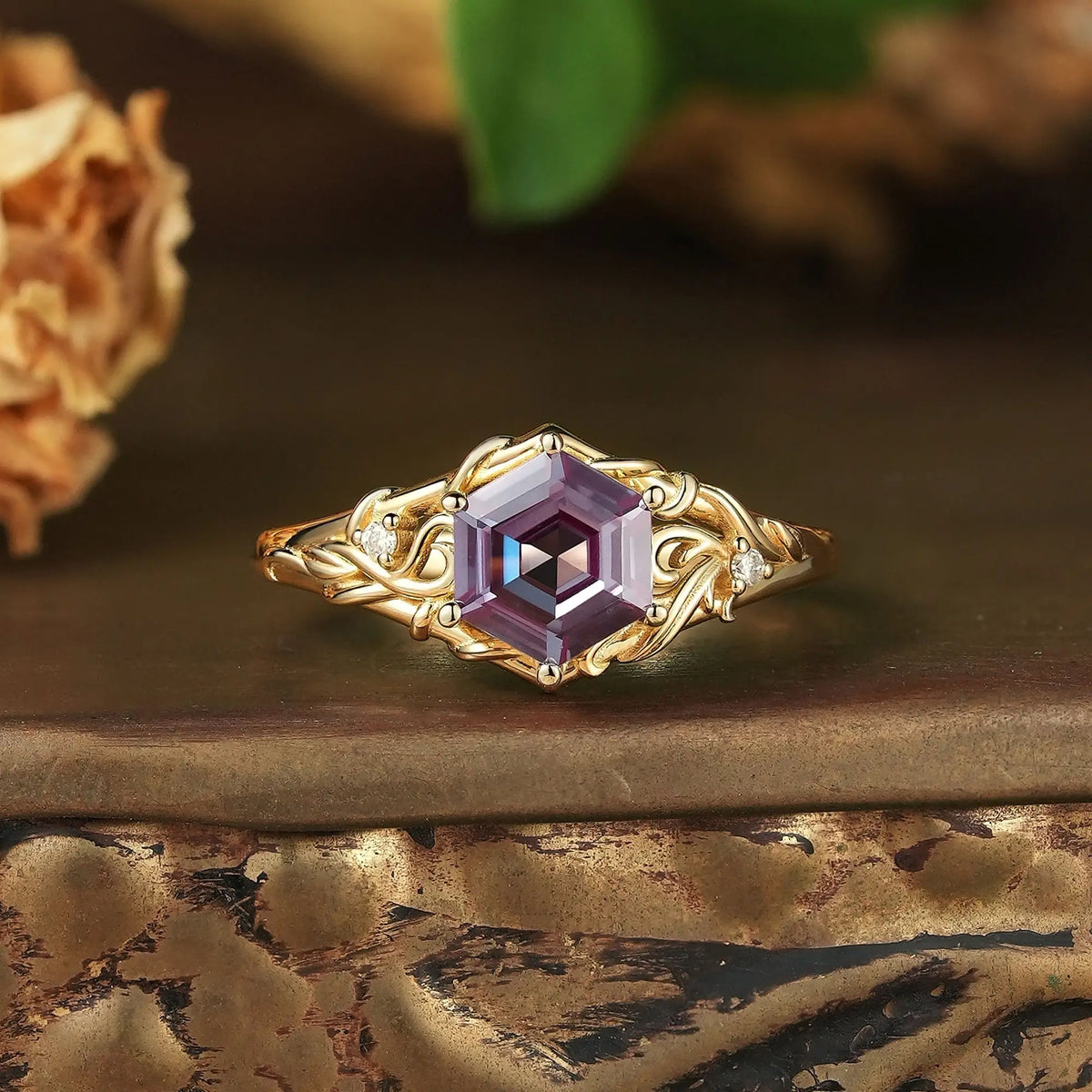 Hexagon Cut Alexandrite Leaf And Vine Engagement Ring - Nolana | GemsMagic