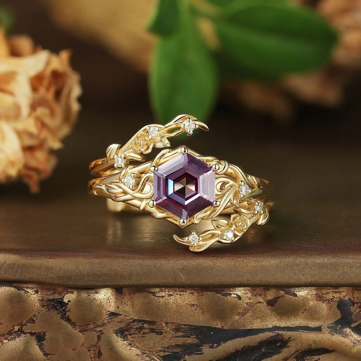Hexagon Cut Alexandrite Nature Inspired Nolana Bridal Ring Set With Ring Enhancer | GemsMagic