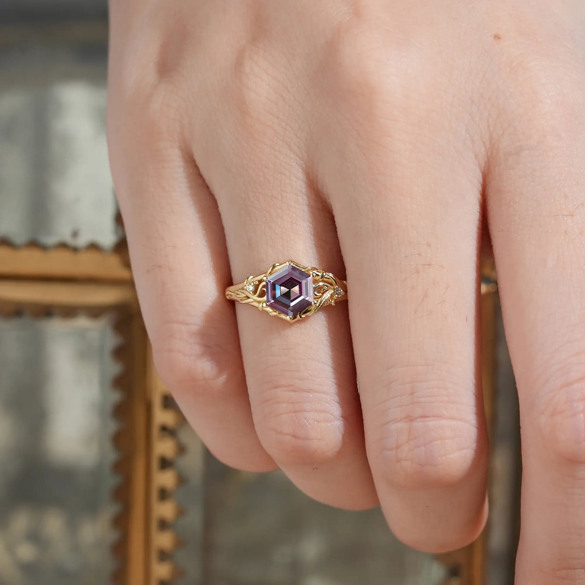Hexagon Cut Alexandrite Leaf And Vine Engagement Ring - Nolana | GemsMagic