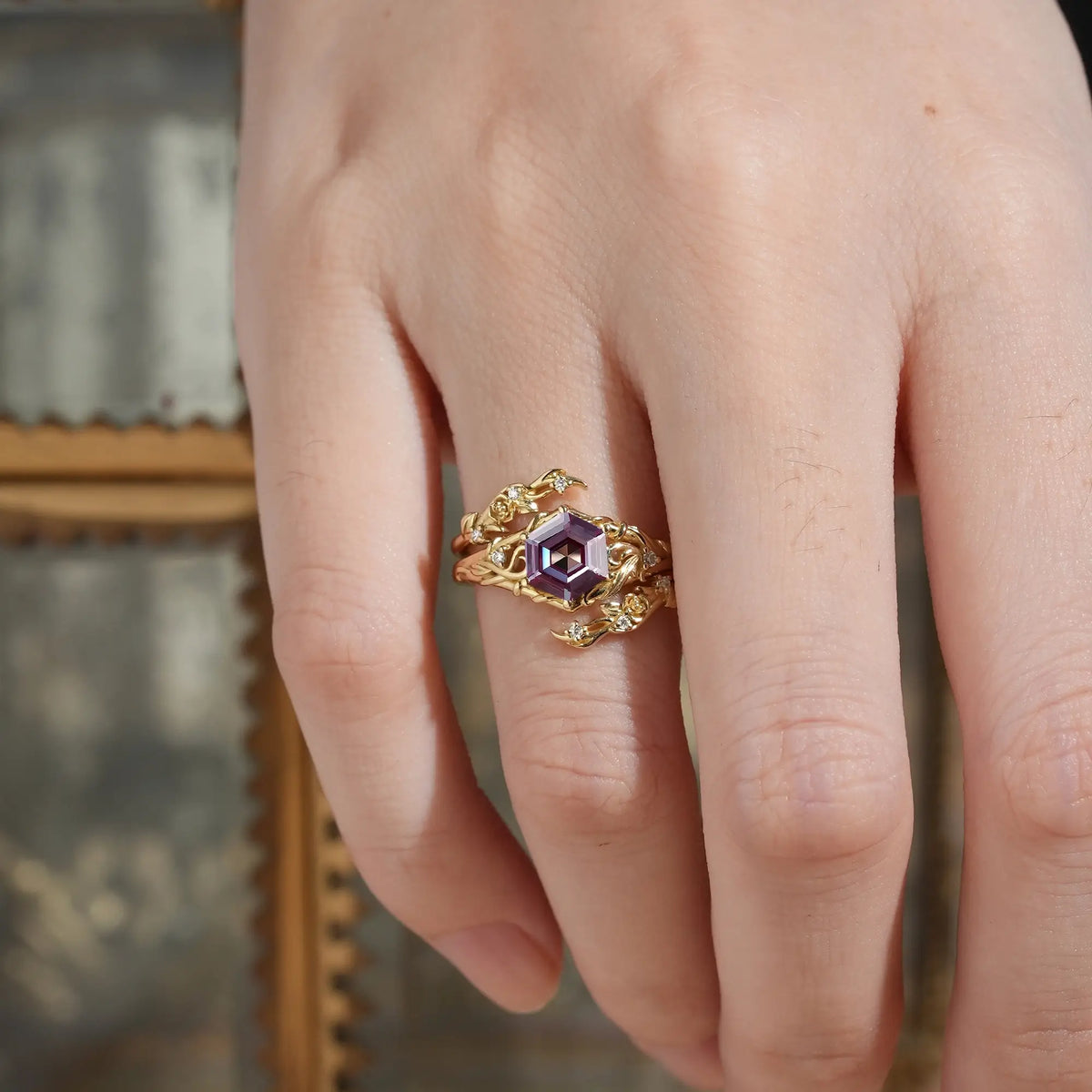 Hexagon Cut Alexandrite Nature Inspired Nolana Bridal Ring Set With Ring Enhancer | GemsMagic