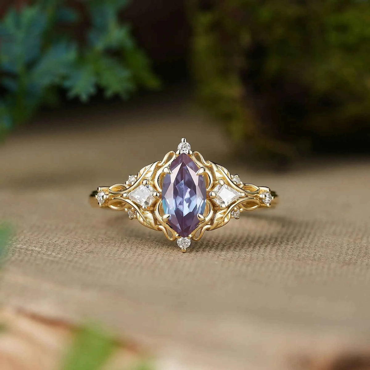 Vintage Marquise Cut Alexandrite Leaf Inspired Art Nouveau Engagement Ring - Isadora | GemsMagic