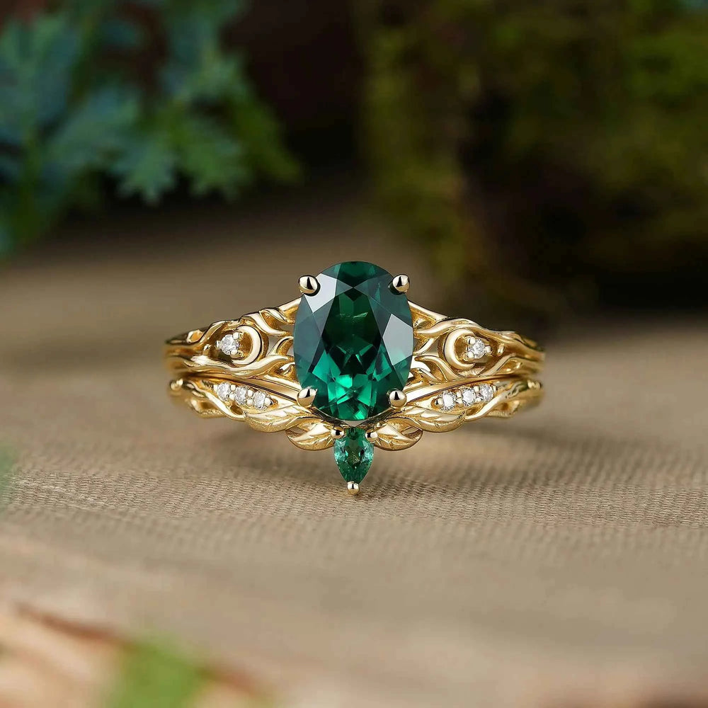 Nature Inspired Oval Cut Emerald Leaf Bridal Ring Set - Amalthea | GemsMagic
