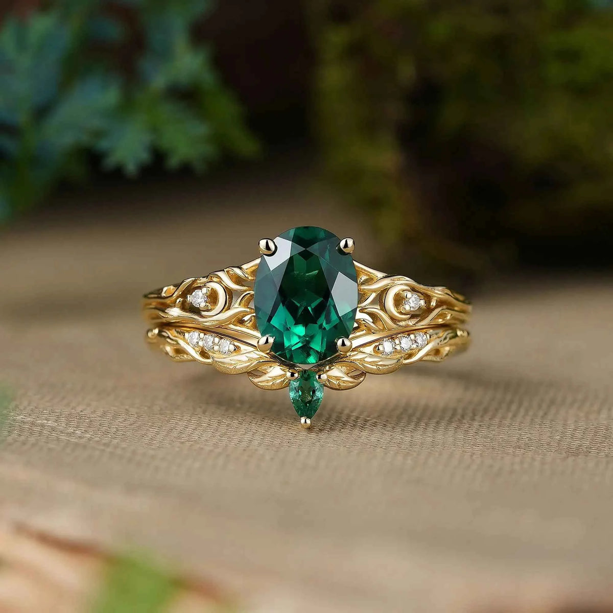 Nature Inspired Oval Cut Emerald Leaf Bridal Ring Set - Amalthea | GemsMagic