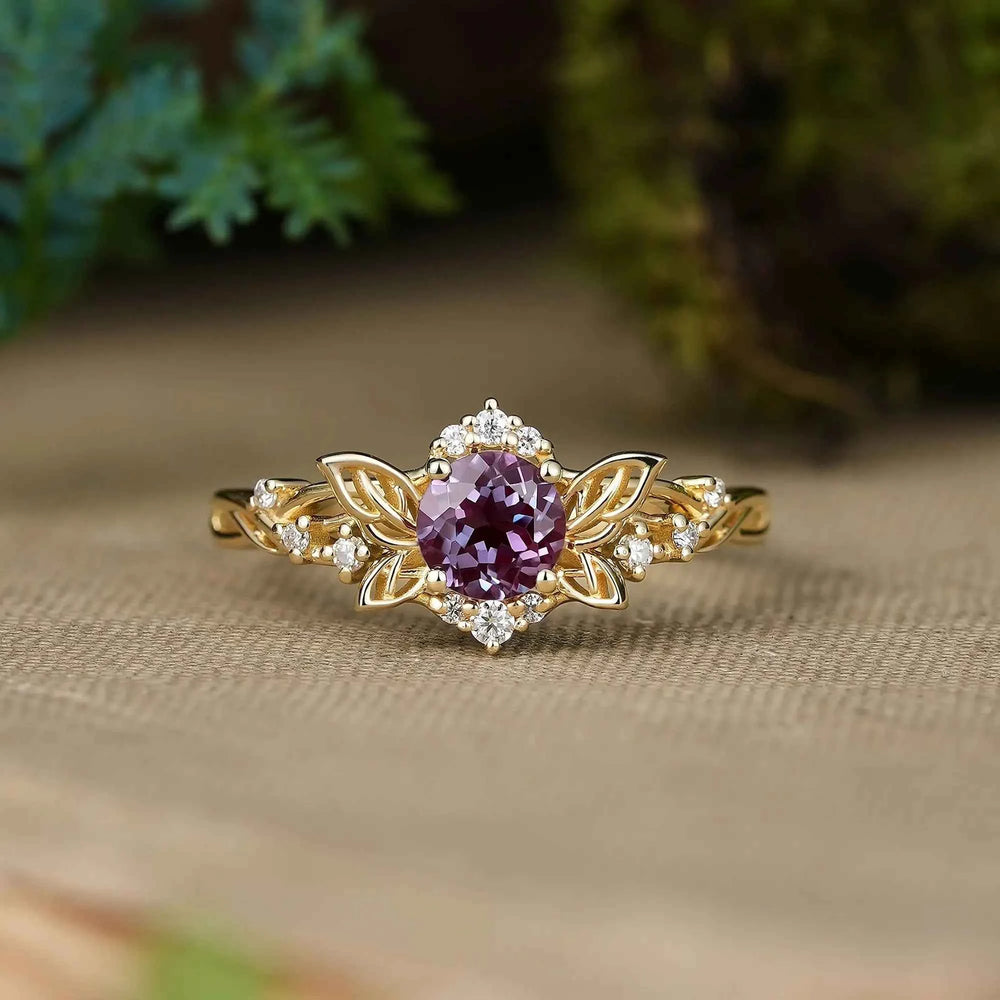 Round Cut Alexandrite Butterfly Inspired Leaf Engagement Ring - Elysia | GemsMagic
