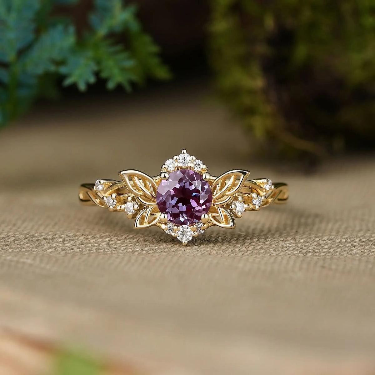 Round Cut Alexandrite Butterfly Inspired Leaf Engagement Ring - Elysia | GemsMagic