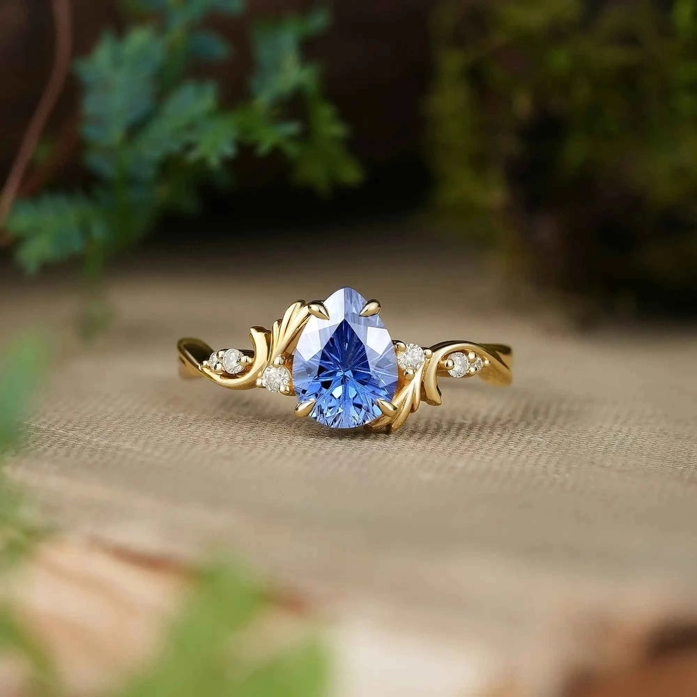 Sparkle Cut Blue Sapphire Leaf Inspired Engagement Ring - Cassiopeia | GemsMagic