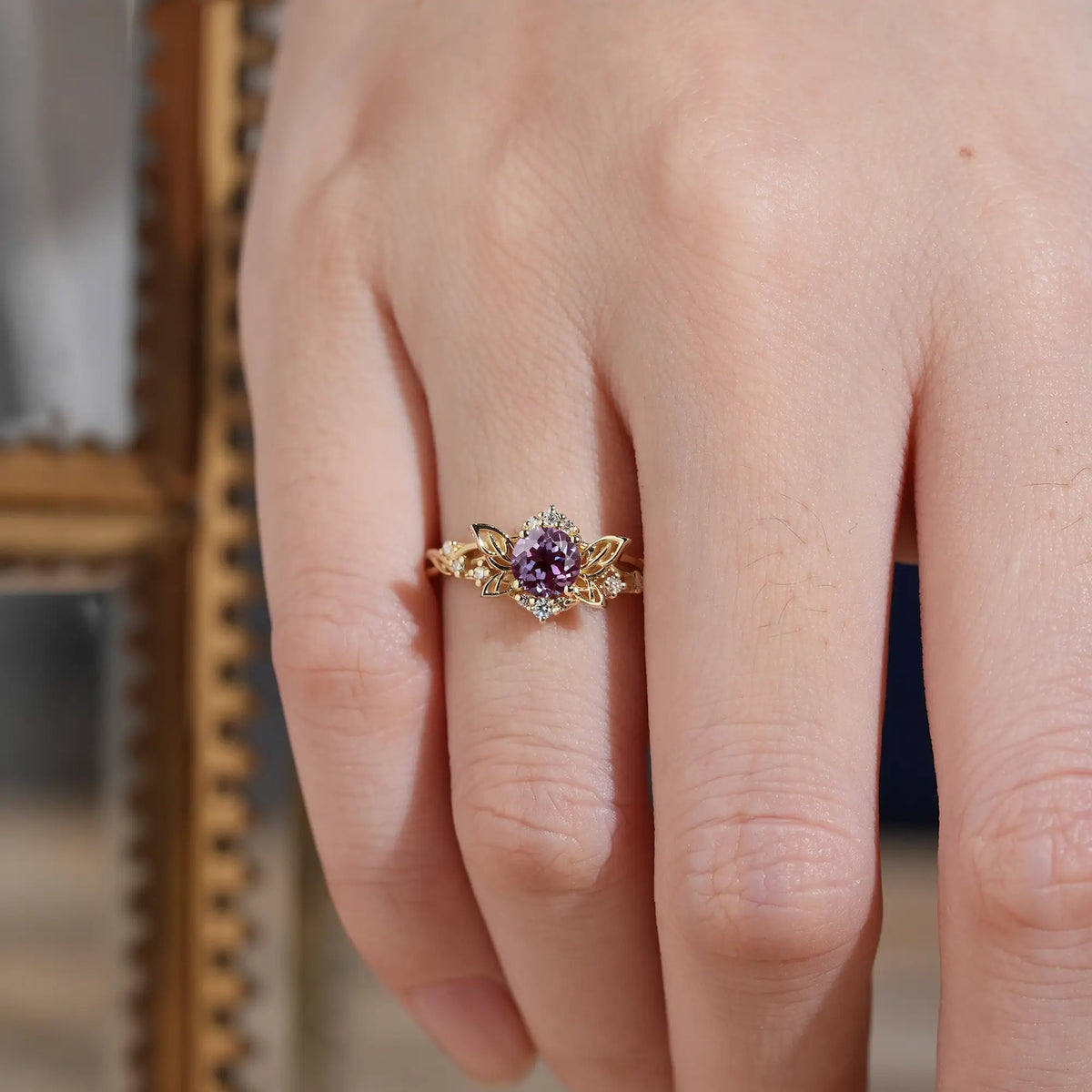 Round Cut Alexandrite Butterfly Inspired Leaf Engagement Ring - Elysia | GemsMagic