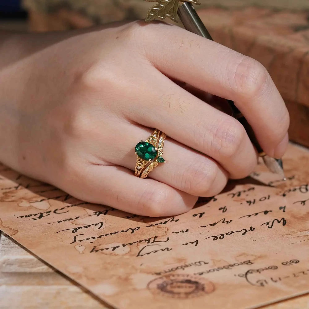 Nature Inspired Oval Cut Emerald Leaf Bridal Ring Set - Amalthea | GemsMagic