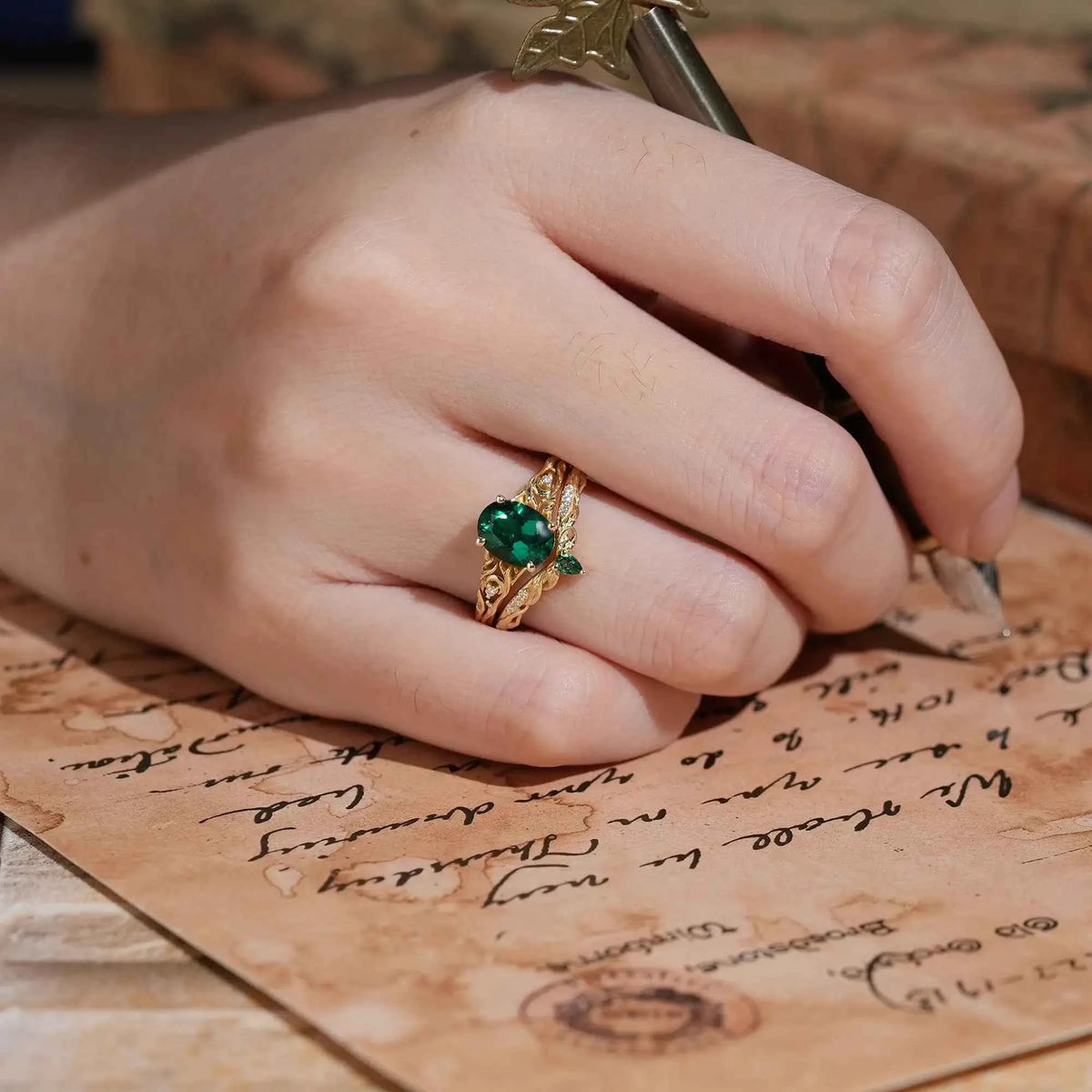 Nature Inspired Oval Cut Emerald Leaf Bridal Ring Set - Amalthea | GemsMagic
