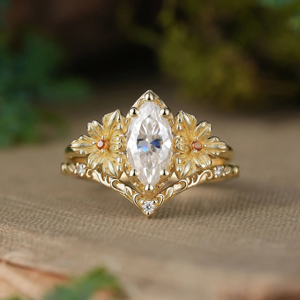 Nature Inspired Marquise Cut Moissanite Alstroemeria Hybrida Flower Inspired Vintage Bridal Ring Set - Annelise | GemsMagic