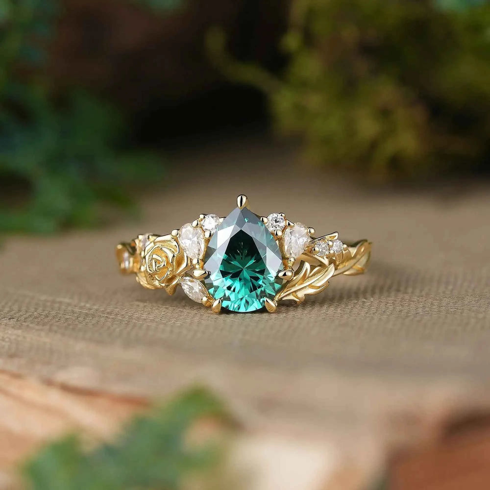 Nature Inspired Pear Cut Green Moissanite Leaf And Flower Engagement Ring - Rosalie | GemsMagic