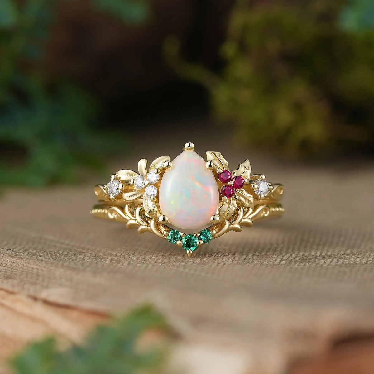 Pear Cut Natural Opal Mistletoe Nature Inspired Unique Bridal Ring Set - Amabel | GemsMagic