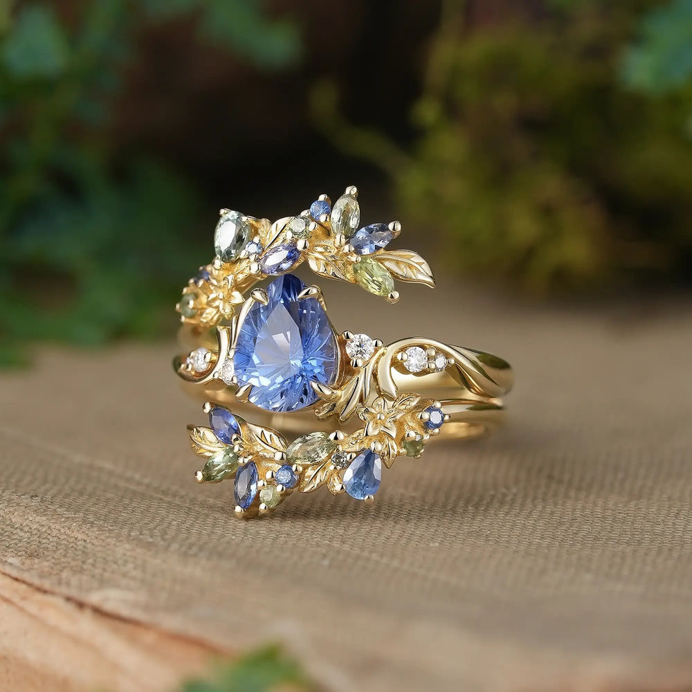 Sparkle Cut Blue Sapphire Leaf Inspired Whimsical Bridal Ring Set With Ring Enhancer - Verena | GemsMagic