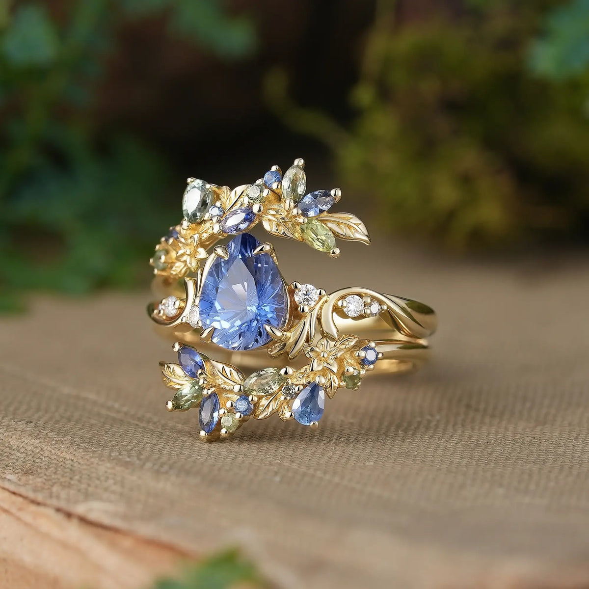 Sparkle Cut Blue Sapphire Leaf Inspired Whimsical Bridal Ring Set With Ring Enhancer - Verena | GemsMagic
