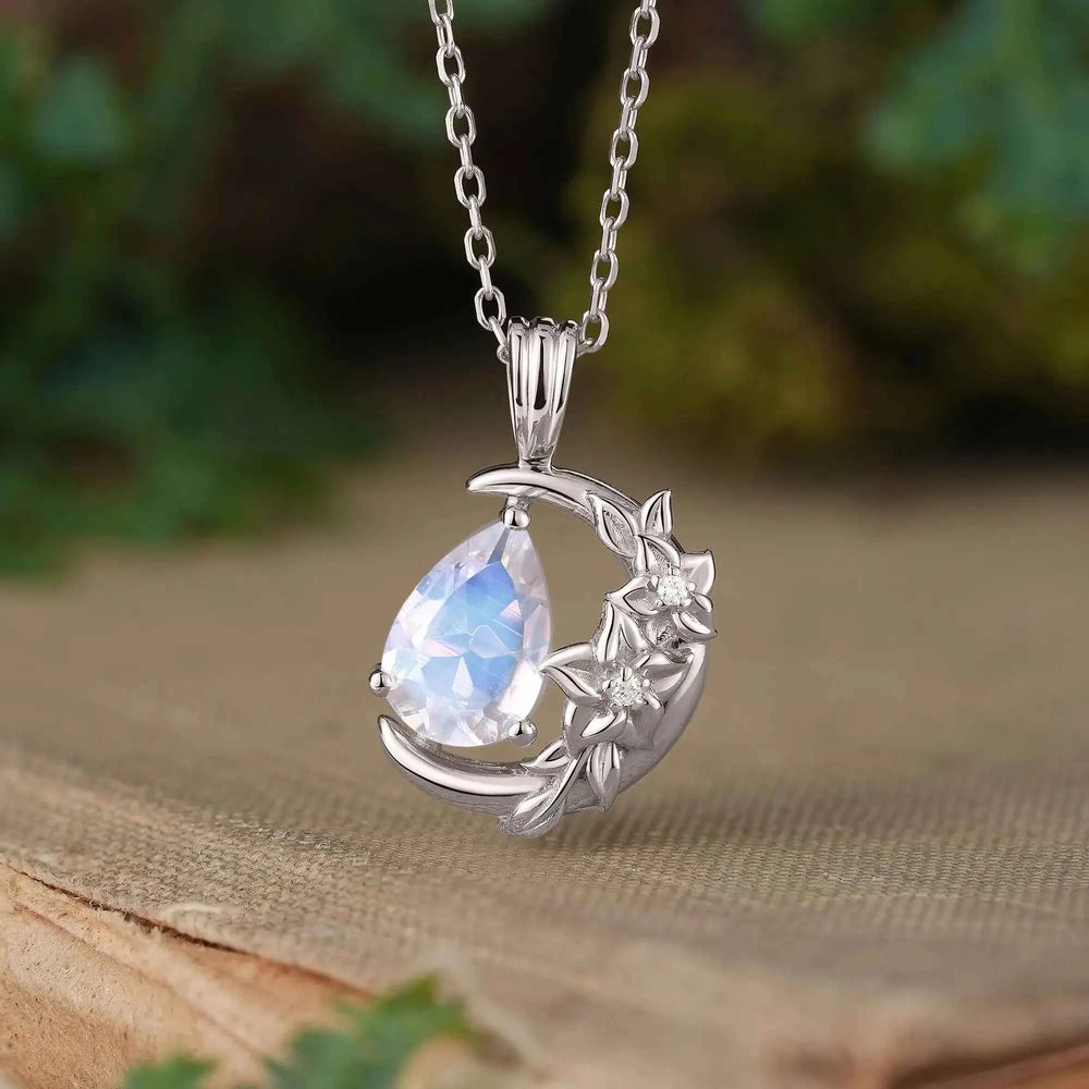Pear Moonstone Flower Nature Inspired Celestial Lunelle Necklace | GemsMagic