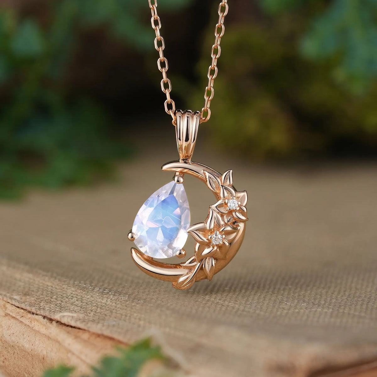 Pear Moonstone Flower Nature Inspired Celestial Lunelle Necklace | GemsMagic