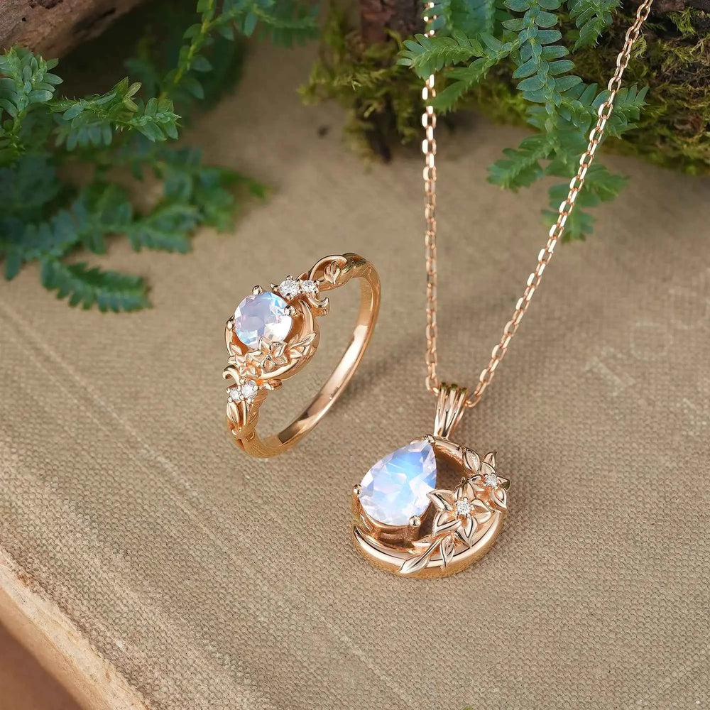 Moonstone Nature Inspired Engagement Ring & Necklace Celestial Lunelle Jewelry Sets | GemsMagic