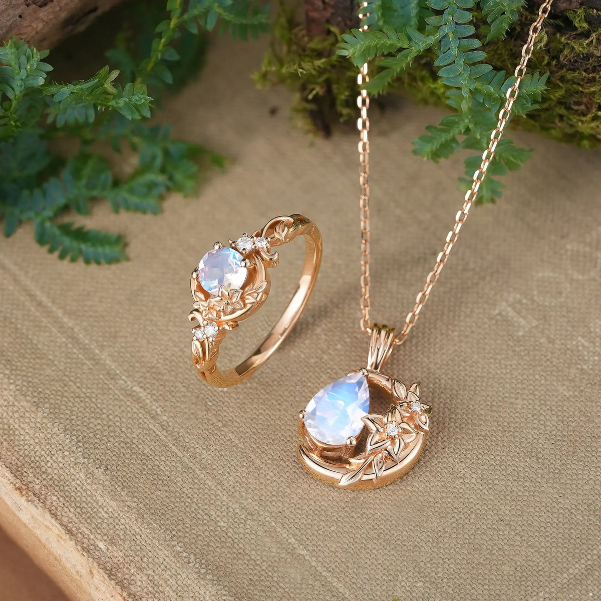 Moonstone Nature Inspired Engagement Ring & Necklace Celestial Lunelle Jewelry Sets | GemsMagic