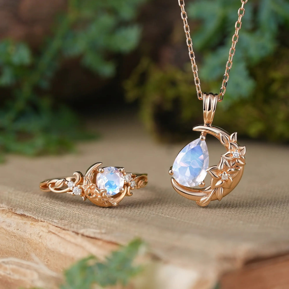 Moonstone Nature Inspired Engagement Ring & Necklace Celestial Lunelle Jewelry Sets | GemsMagic