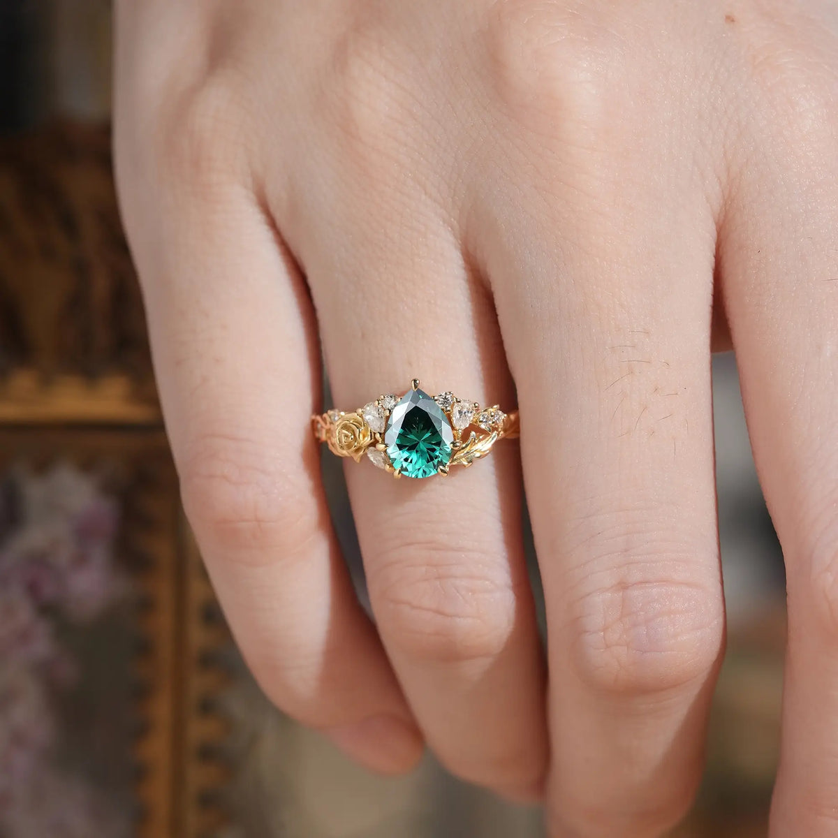 Nature Inspired Pear Cut Green Moissanite Leaf And Flower Engagement Ring - Rosalie | GemsMagic