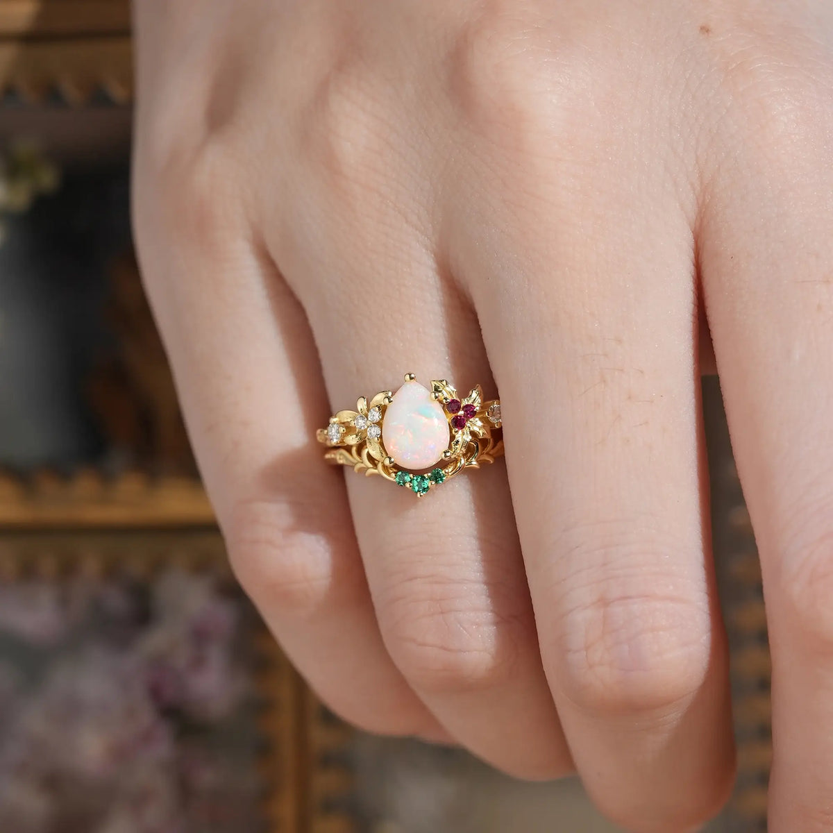 Pear Cut Natural Opal Mistletoe Nature Inspired Unique Bridal Ring Set - Amabel | GemsMagic