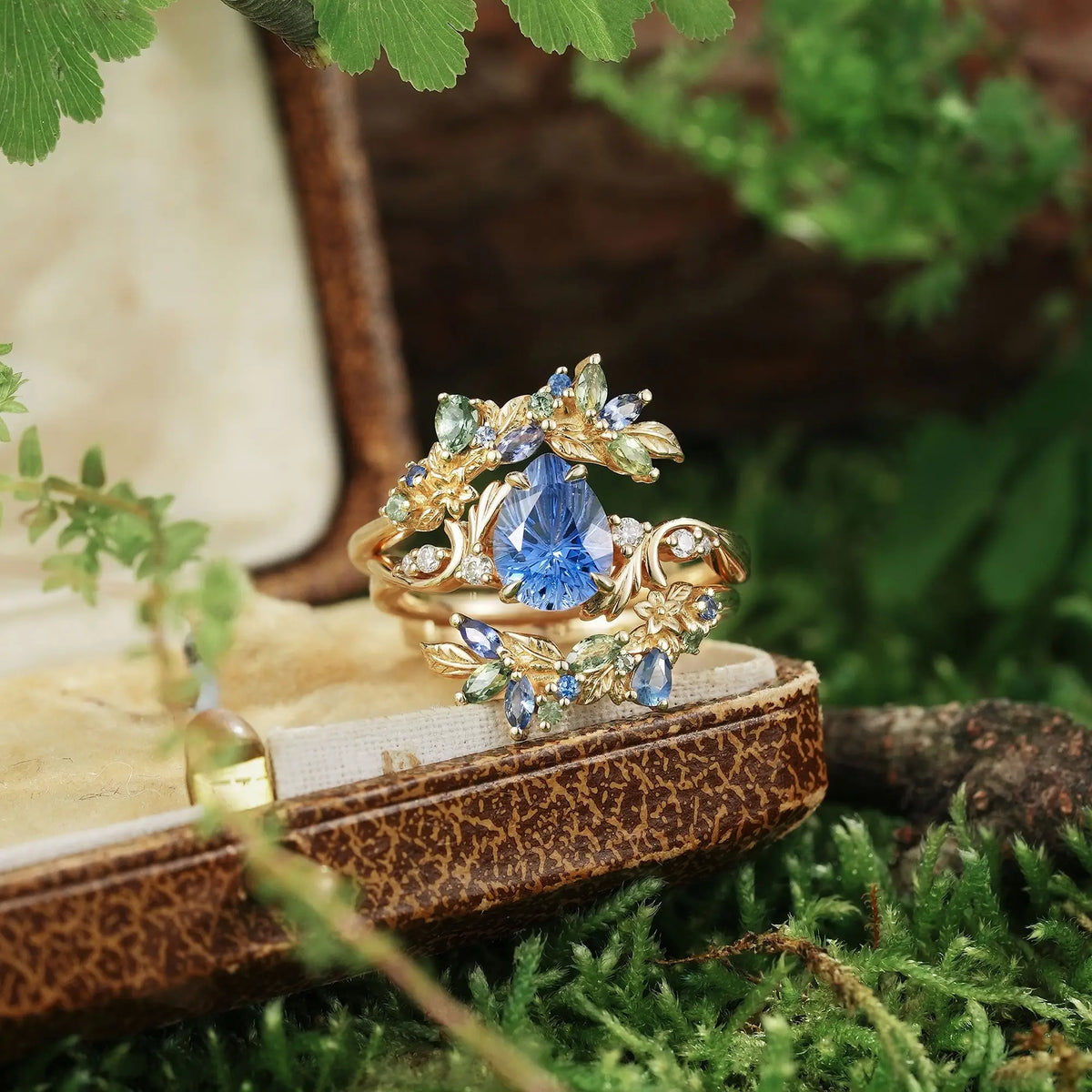 Sparkle Cut Blue Sapphire Leaf Inspired Whimsical Bridal Ring Set With Ring Enhancer - Verena | GemsMagic