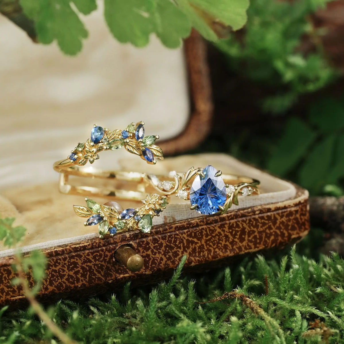 Sparkle Cut Blue Sapphire Leaf Inspired Whimsical Bridal Ring Set With Ring Enhancer - Verena | GemsMagic