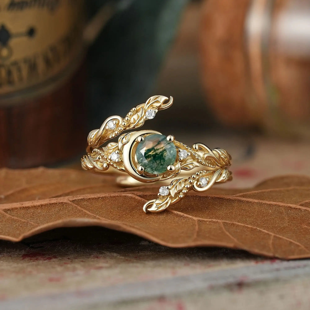 Moss Agate Nature Inspired Milgrain Celestial Bridal Ring Set With Ring Enhancer - Elaris | GemsMagic