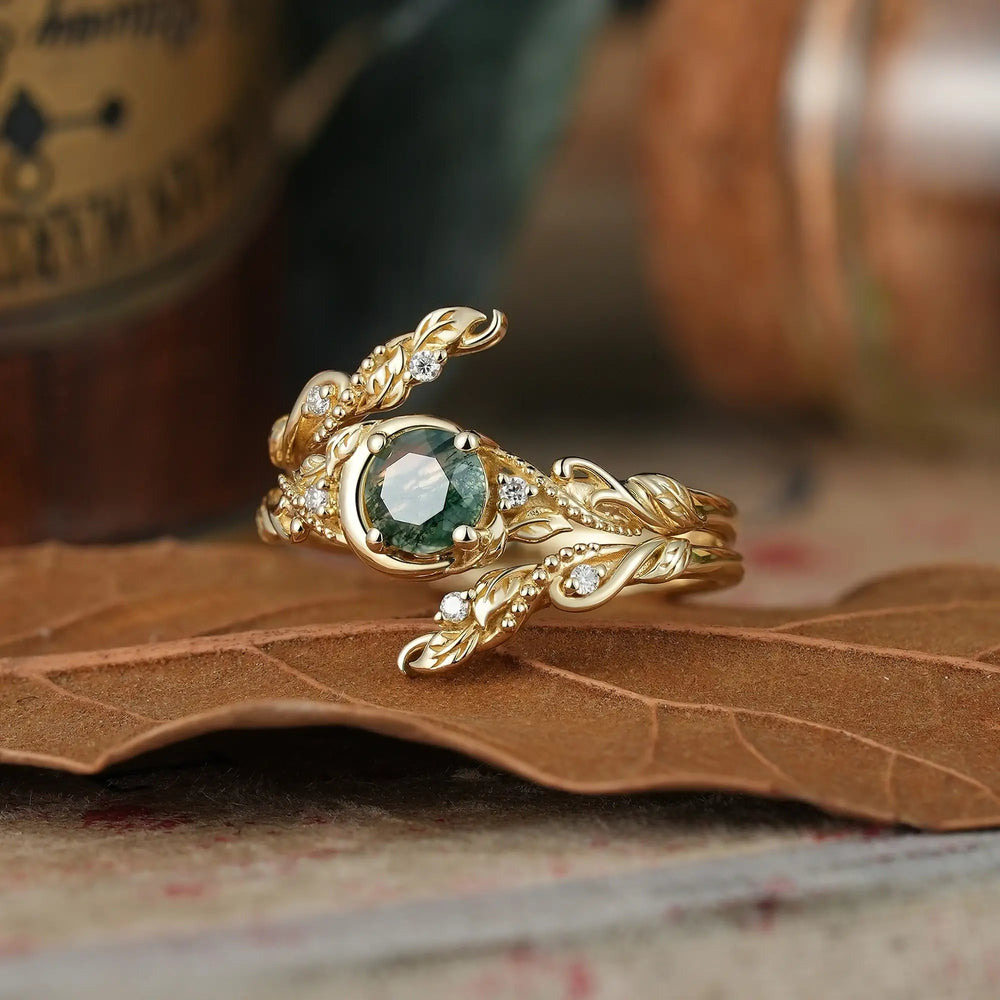Moss Agate Nature Inspired Milgrain Celestial Bridal Ring Set With Ring Enhancer - Elaris | GemsMagic