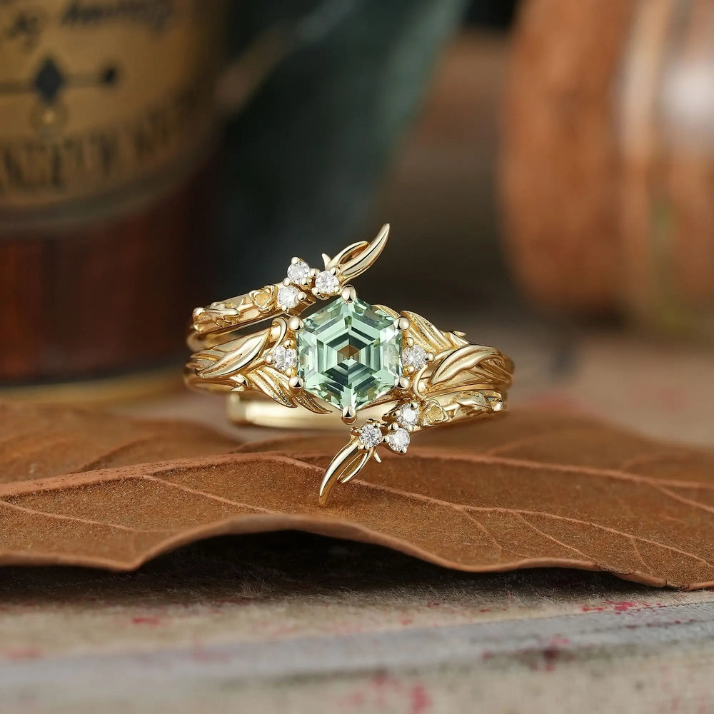 Hexagon Cut Green Sapphire Nature Inspired Bridal Ring Set With Ring Enhancer - Sylvana | GemsMagic