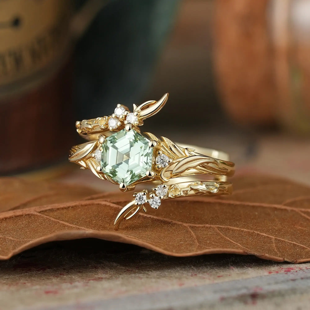 Hexagon Cut Green Sapphire Nature Inspired Bridal Ring Set With Ring Enhancer - Sylvana | GemsMagic