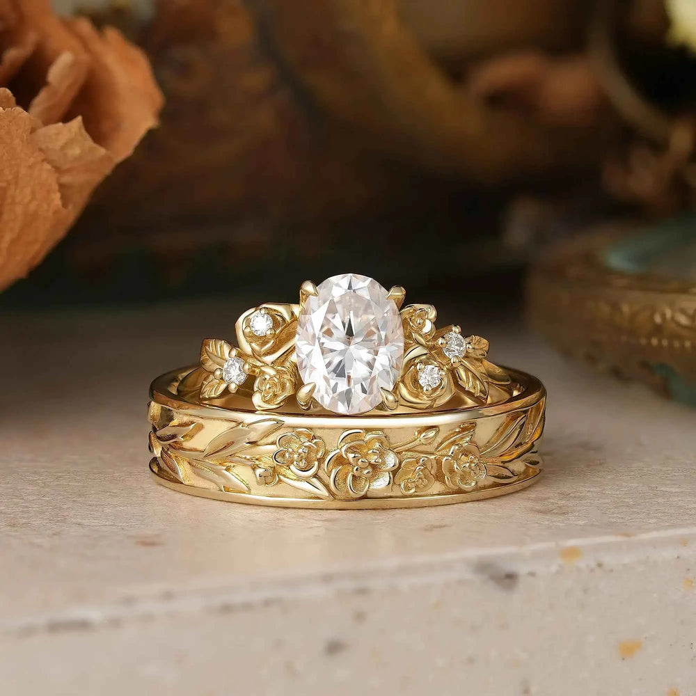 Rose Flower Inspired Oval Cut Moissanite Couple Wedding Ring Set - Evangeline & Hudson | GemsMagic