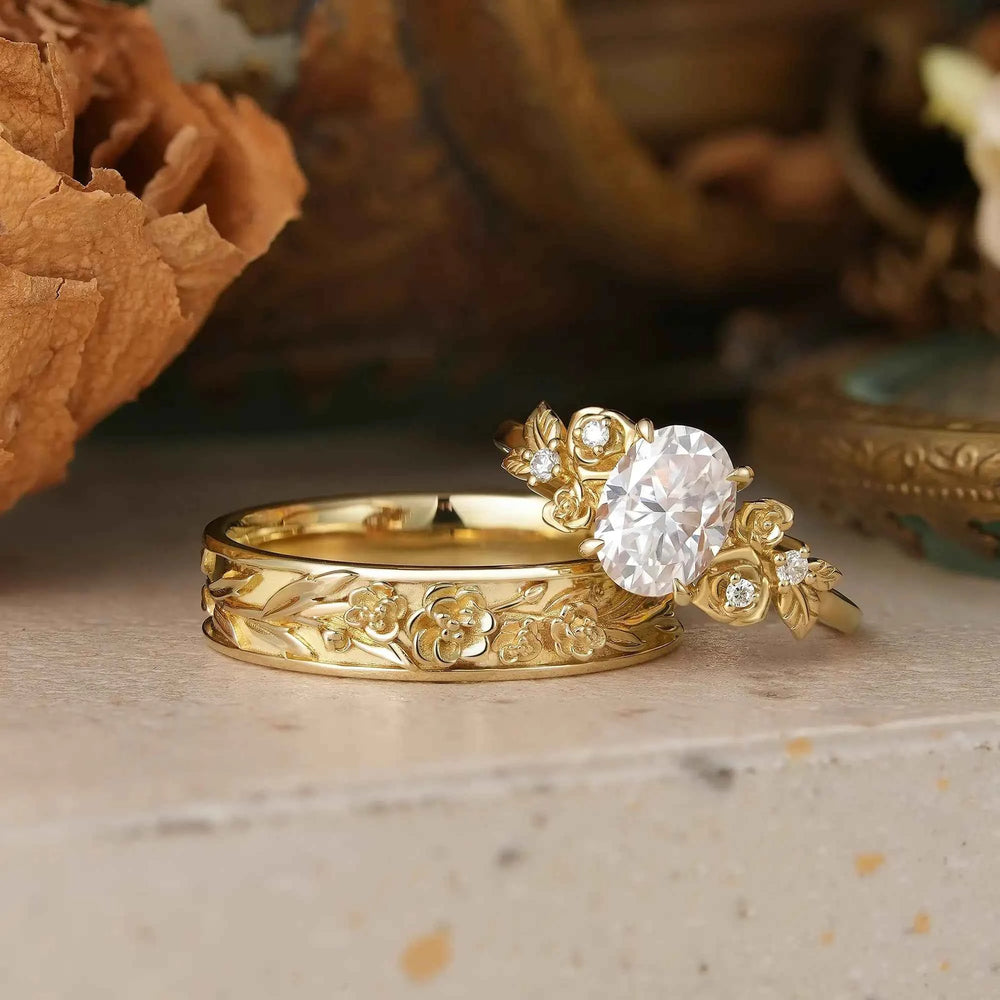 Rose Flower Inspired Oval Cut Moissanite Couple Wedding Ring Set - Evangeline & Hudson | GemsMagic