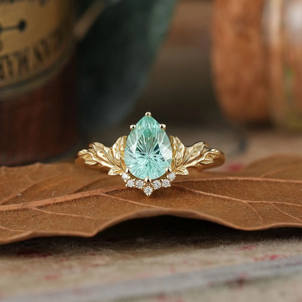 Sparkle Cut Green Sapphire Leaf Inspired Whimsical Engagement Ring - Alora | GemsMagic