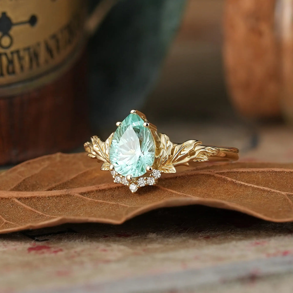 Sparkle Cut Green Sapphire Leaf Inspired Whimsical Engagement Ring - Alora | GemsMagic
