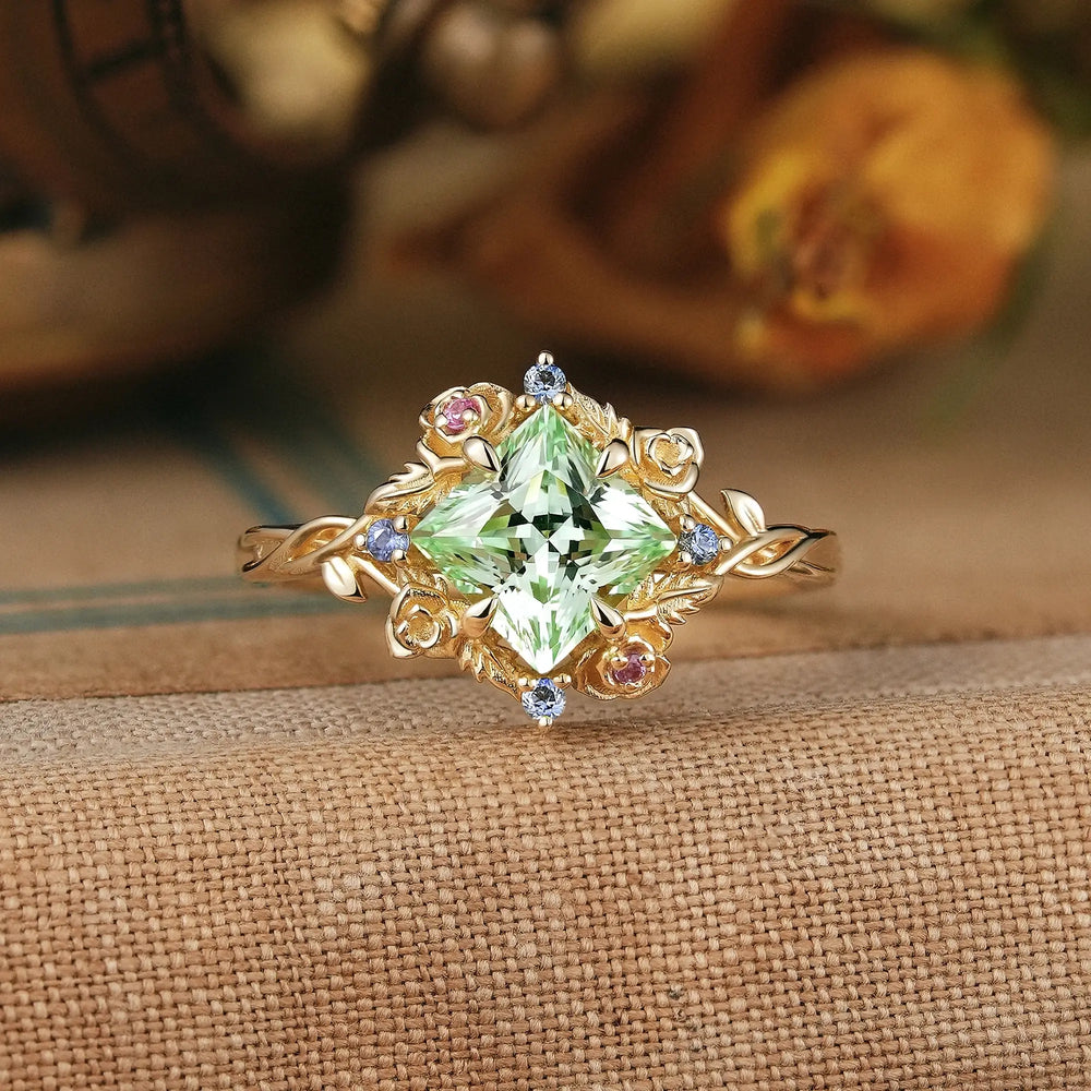 Princess Cut Green Sapphire Nature Inspired Whimsical Engagement Ring - Amarante | GemsMagic