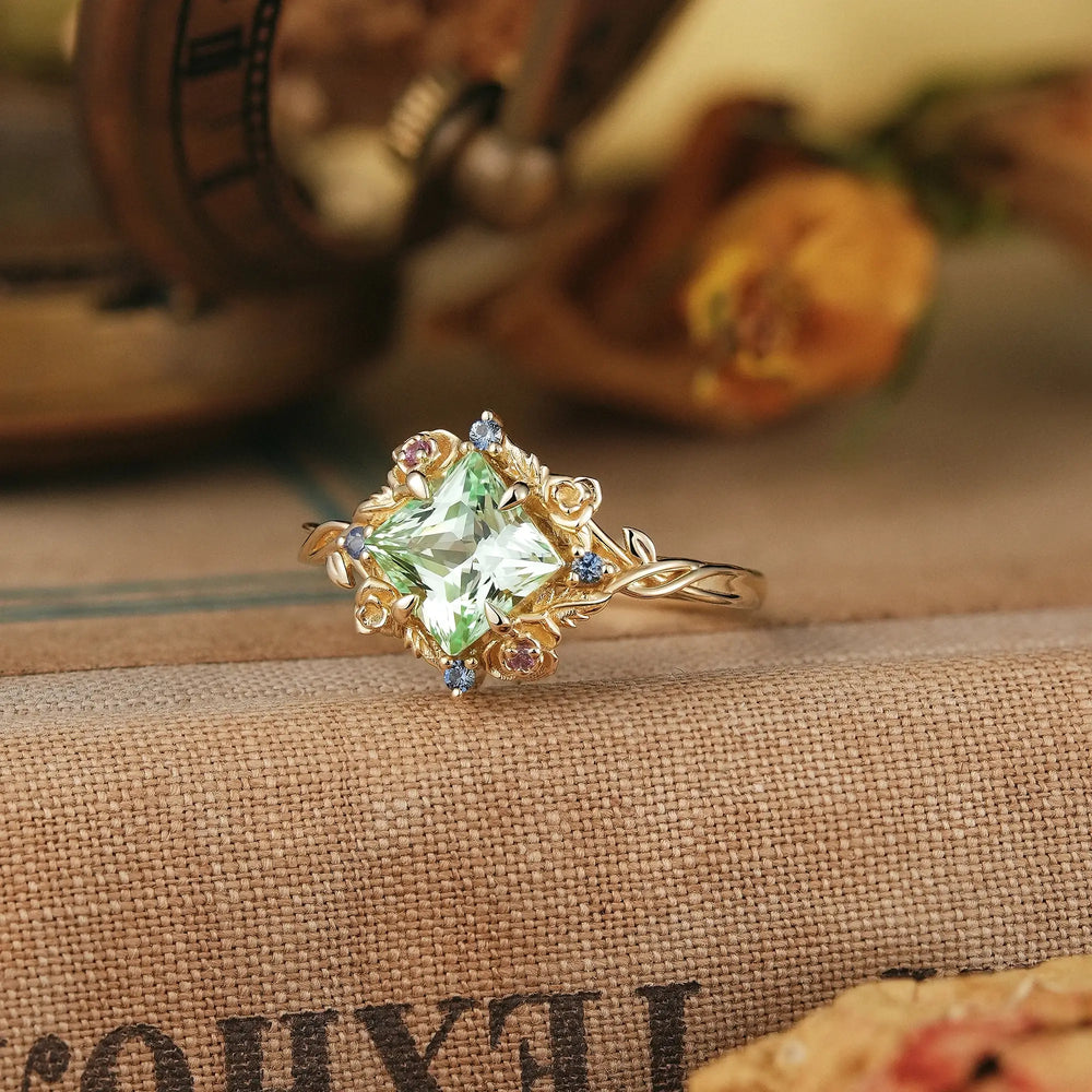 Princess Cut Green Sapphire Nature Inspired Whimsical Engagement Ring - Amarante | GemsMagic