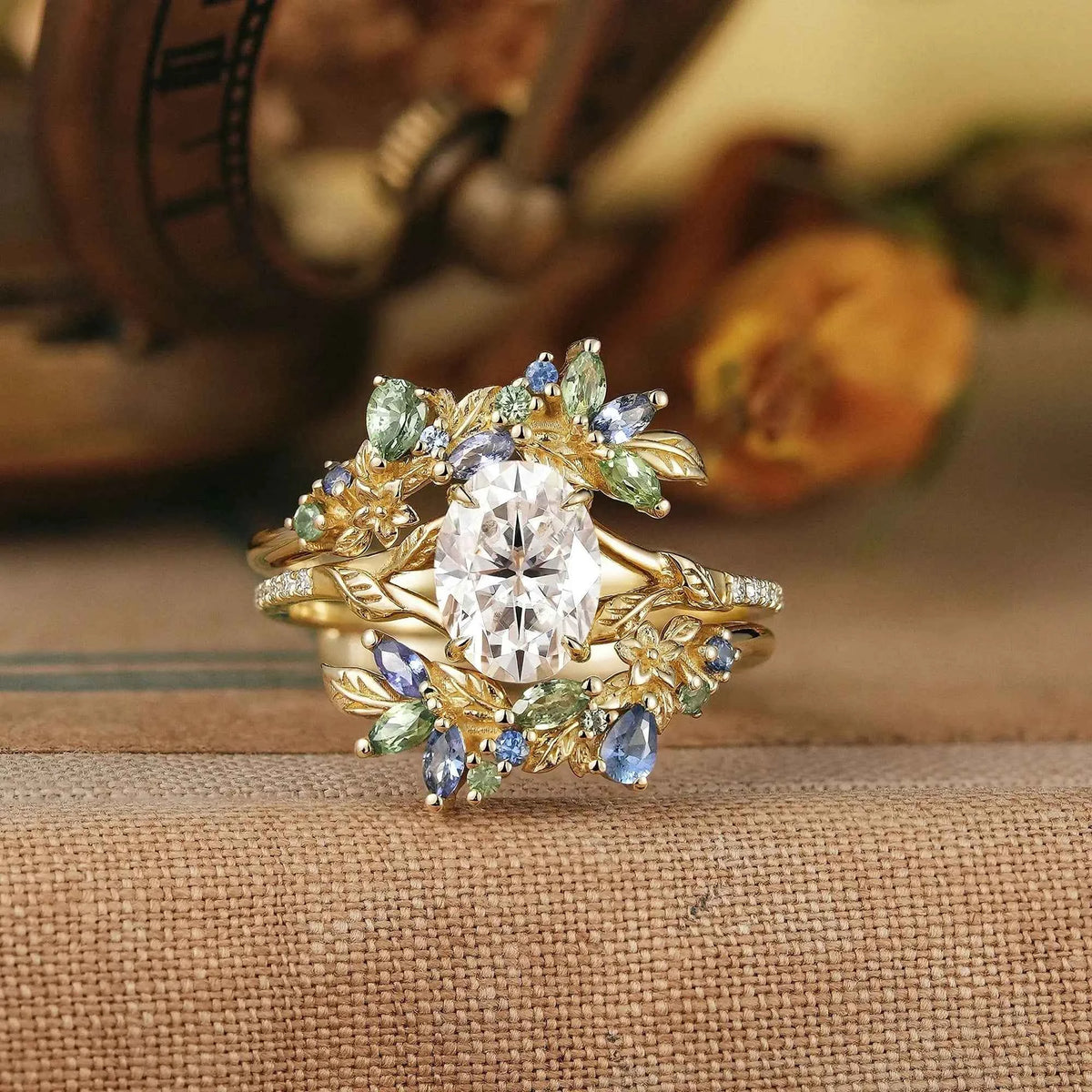Oval Cut Moissanite Leaf Inspired Whimsical Bridal Ring Set With Ring Enhancer - Valleria | GemsMagic