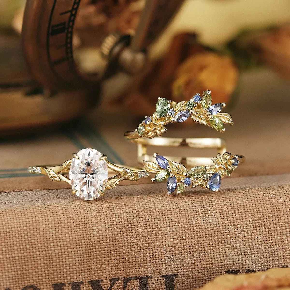 Oval Cut Moissanite Leaf Inspired Whimsical Bridal Ring Set With Ring Enhancer - Valleria | GemsMagic