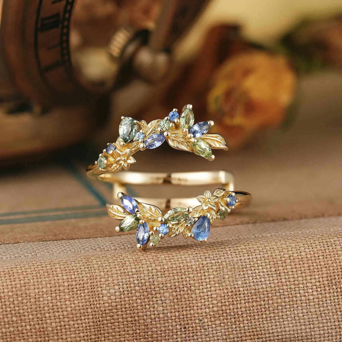 Natural Blue Snd Green Sapphire Nature Inspired Stacking Wedding Band Ring Enhancer | GemsMagic