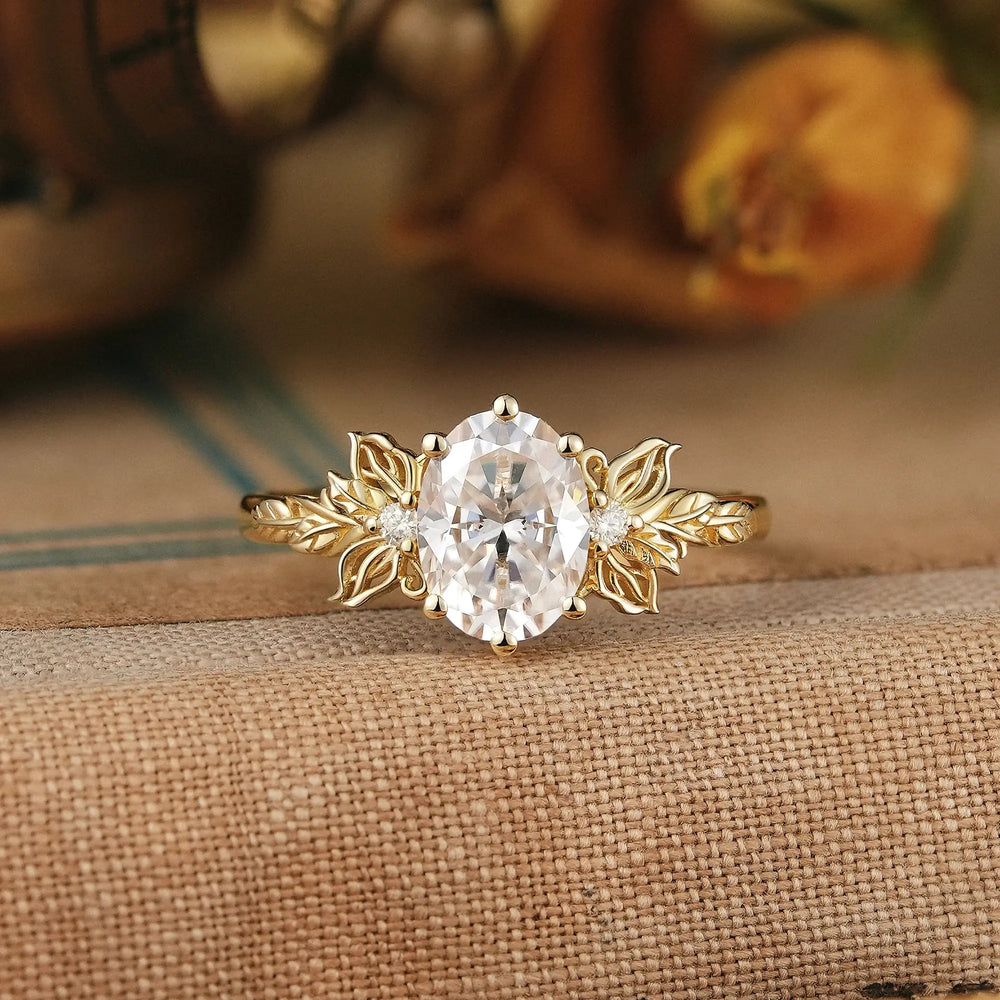 Butterfly Inspired Oval Moissanite Engagement Ring with Carved Hollow Leaf Design - Mariselle | GemsMagic
