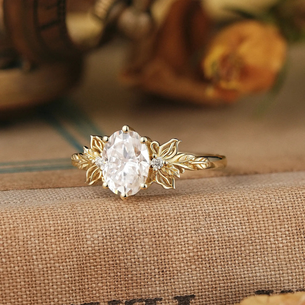 Butterfly Inspired Oval Moissanite Engagement Ring with Carved Hollow Leaf Design - Mariselle | GemsMagic