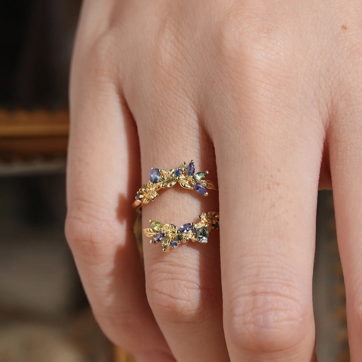 Natural Blue Snd Green Sapphire Nature Inspired Stacking Wedding Band Ring Enhancer | GemsMagic