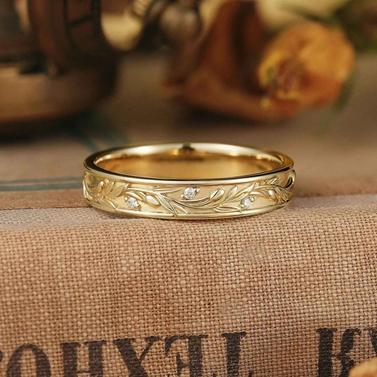 4MM Olive Leaf Inspired Solid Gold Men's Ring - Adrian | GemsMagic