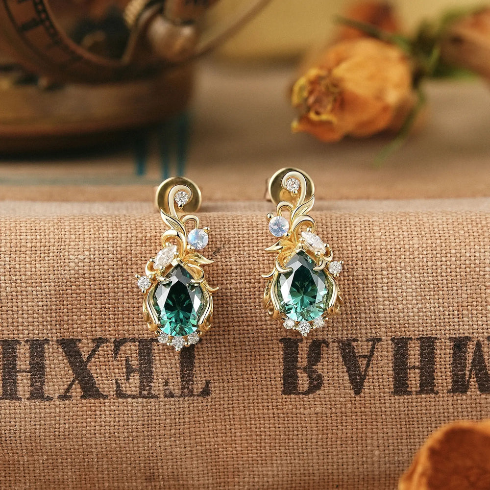 Green Moissanite Art Nouveau Inspired Stud Earrings | GemsMagic