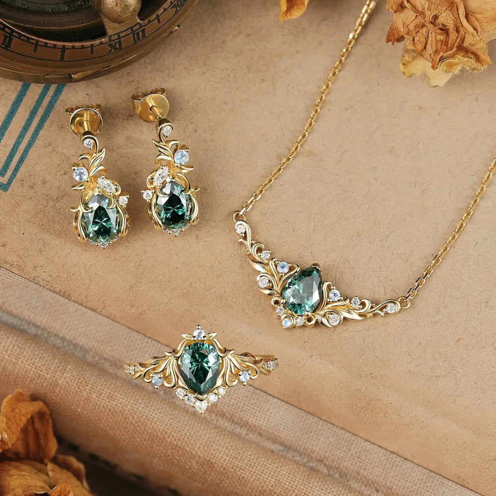 Pear Cut Green Moissanite Art Nouveau Calyra Jewelry Sets Unique Gift For Her | GemsMagic