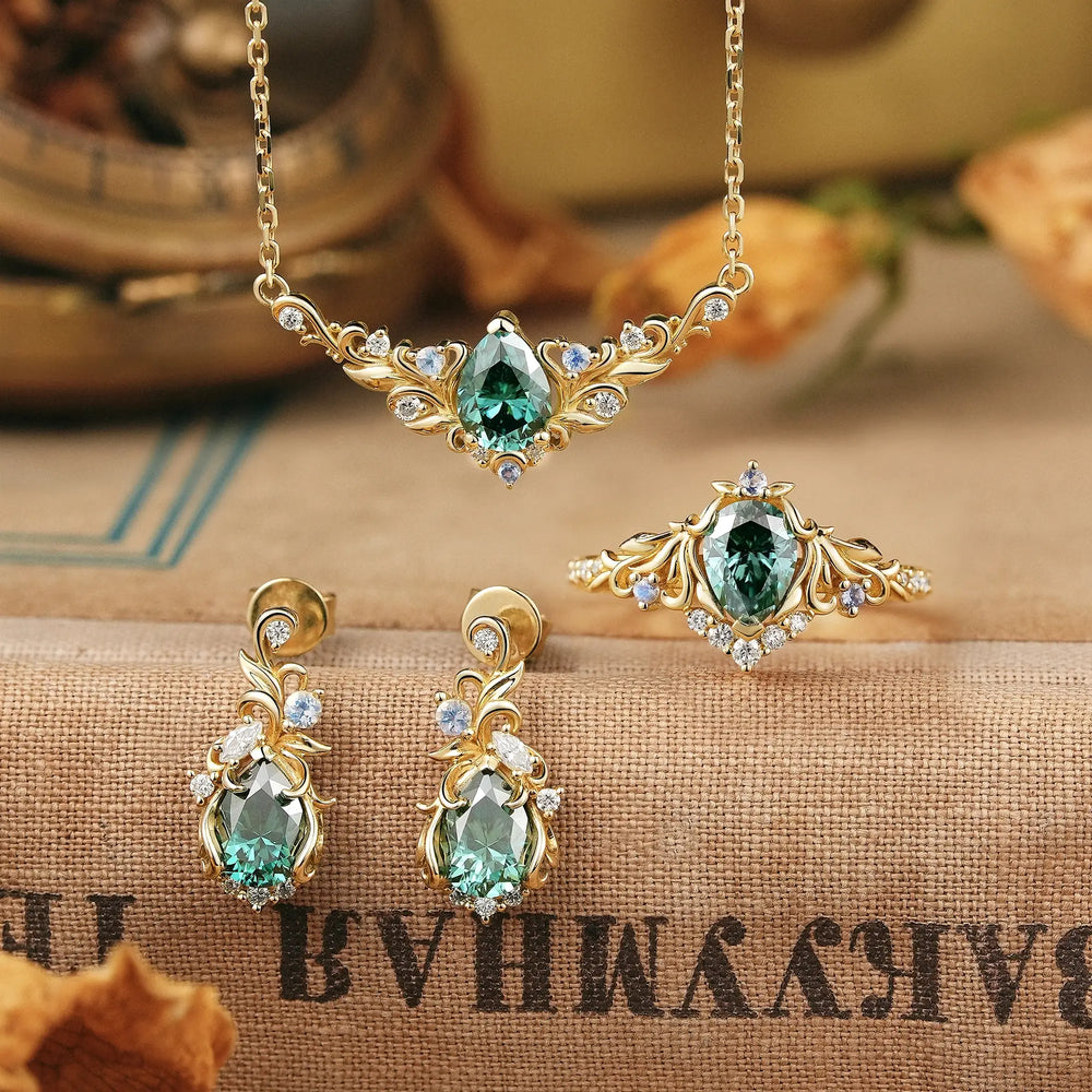 Pear Cut Green Moissanite Art Nouveau Calyra Jewelry Sets Unique Gift For Her | GemsMagic